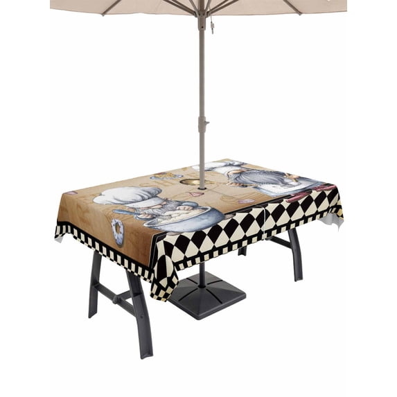 Outdoor Tablecloth with Umbrella Hole and Zipper, Vintage Gnomes Rectangle Table Cloth 60x84 Inch Waterproof Tablecloth, Black White Checkered Retro Art Picnic Table Cover for Patio Camping