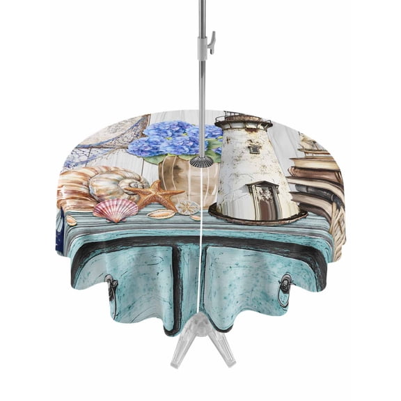 Outdoor Tablecloth with Umbrella Hole and Zipper, Vintage Lighthouse Coastal Waterproof Patio Tablecloth for Dining Round 54'', Nautical Ocean Sea Retro Art Wipeable Table Cover for Picnic BBQ Party