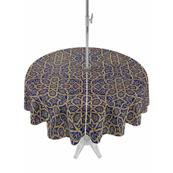 Outdoor Tablecloth with Umbrella Hole and Zipper, Vintage Mediterranean Round Table Cloth 54 Inch Waterproof Tablecloth, Retro Morocco Abstract Art Brown Blue Picnic Table Cover for Patio Camping