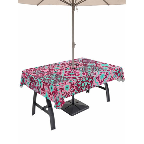 Outdoor Tablecloth with Umbrella Hole and Zipper, Vintage Middle Century Rectangle Table Cloth 60x120 Inch Waterproof Tablecloth, Abstract Bohemia Style Aztec Pink Picnic Table Cover for Patio