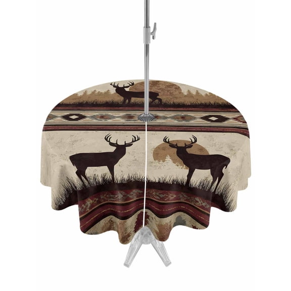 Outdoor Tablecloth with Umbrella Hole Zipper Vintage Moose Round Tablecloth 54" Waterproof Outside Table Cloth Retro Animals Ethnic Tribe Abstract Art Patio Table Cover Tablecloths for Picnic Party