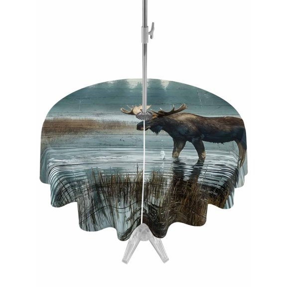 Outdoor Tablecloth with Umbrella Hole Zipper Vintage Moose Round Tablecloth 54" Waterproof Outside Table Cloth Retro Animals Wooden Brown Patio Table Cover Tablecloths for Picnic Party