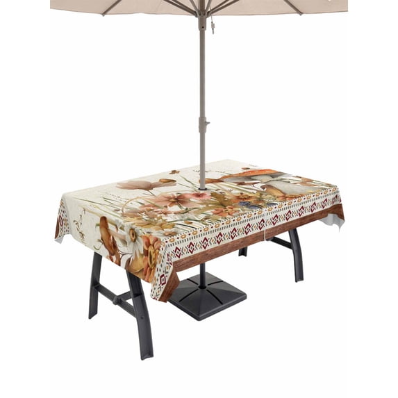 Outdoor Tablecloth with Umbrella Hole and Zipper, Vintage Mushroom Rectangle Table Cloth 60x102 Inch Waterproof Tablecloth, Spring Floral Retro Art Pastoral Botanical Picnic Table Cover for Patio