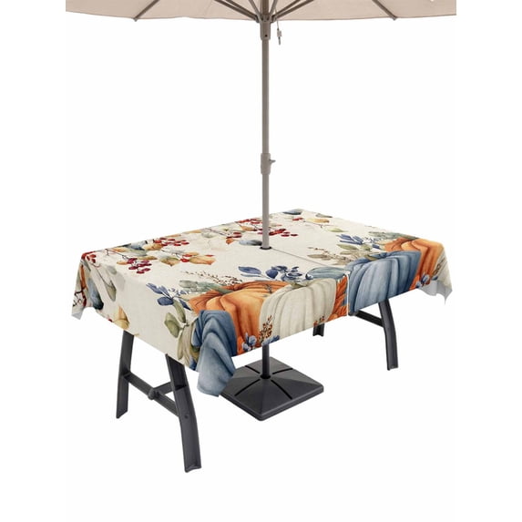 Outdoor Tablecloth with Umbrella Hole and Zipper, Vintage Orange Blue Fall Rectangle Table Cloth 60x102 Inch Waterproof Tablecloth, Thanksgiving Maple Leaf Botanical Picnic Table Cover for Patio
