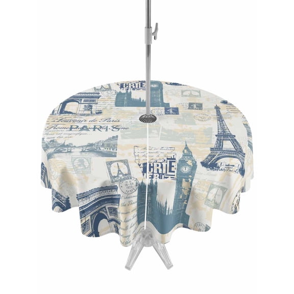 Outdoor Tablecloth with Umbrella Hole and Zipper, Vintage Paris Architectural Blue Round Waterproof Table Cover 60in Washable Table Cloth for Patio Picnic Party Modern Abstract Art