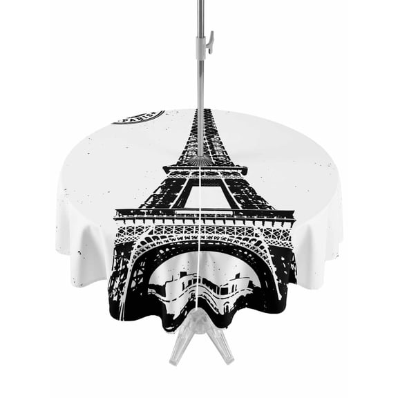 Outdoor Tablecloth with Umbrella Hole Zipper Vintage Paris Round Tablecloth 54" Waterproof Outside Table Cloth Chic Shabby Retro Landscape Black White Patio Table Cover Tablecloths for Picnic Party