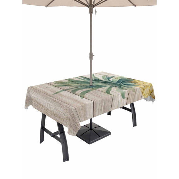 Outdoor Tablecloth with Umbrella Hole and Zipper, Vintage Pineapple Waterproof Patio Tablecloth for Dining 60''x120'', Summer Botanical Watercolor Wooden Wipeable Table Cover for Picnic BBQ Party