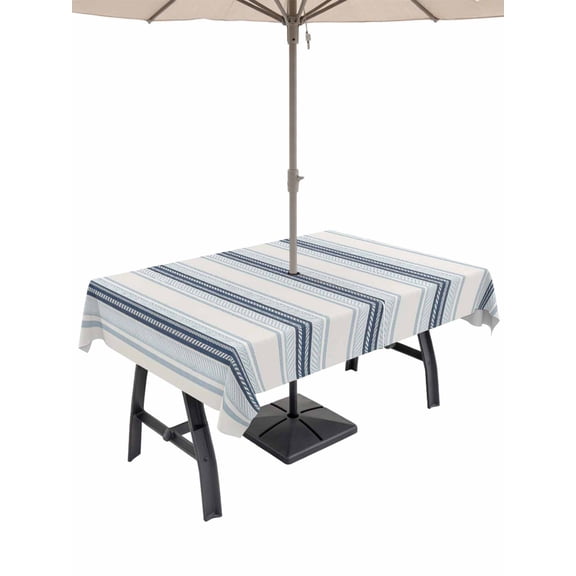 Outdoor Tablecloth with Umbrella Hole and Zipper, Vintage Stripes Rectangle Tablecloths Waterproof Table Cover Navy Light Blue Striped Retro Lines Table Cloth for Patio Picnic Camping, 60x84 Inch