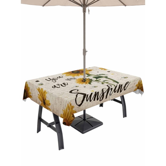 Outdoor Tablecloth with Umbrella Hole and Zipper, Vintage Sunflowers Rectangle Table Cloth 54x80 Inch Waterproof Tablecloth, Spring Summer Retro Bees Yellow Floral Picnic Table Cover for Patio