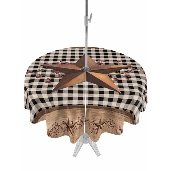 Outdoor Tablecloth with Umbrella Hole and Zipper, Vintage Texas Star Brown Round Table Cloth 60 Inch Waterproof Tablecloth, Black Plaid Berry Farmhouse Picnic Table Cover for Patio Camping
