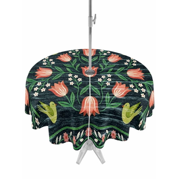 Outdoor Tablecloth with Umbrella Hole Zipper Vintage Tulip Flower Round Tablecloth 60" Waterproof Outside Table Cloth Abstract Ethnic Floral Birds Bohemia Patio Table Cover Tablecloths for Picnic