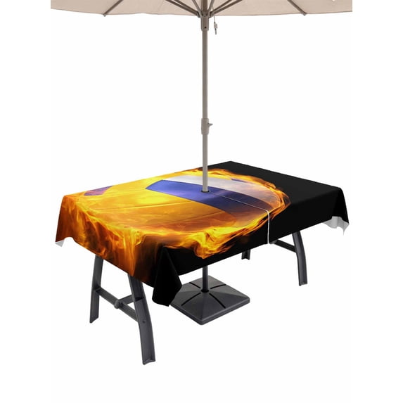 Outdoor Tablecloth with Umbrella Hole and Zipper, Volleyball Rectangle Table Cloth 52x70 Inch Waterproof Tablecloth, Modern Buruning Flame Sport Black Background Picnic Table Cover for Patio Camping