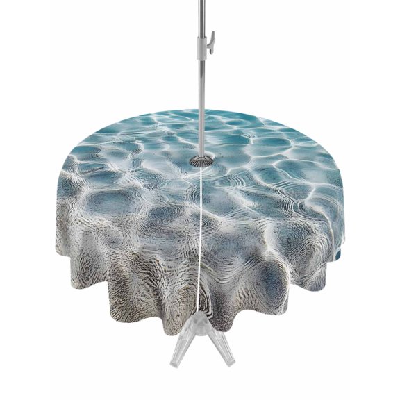Outdoor Tablecloth with Umbrella Hole and Zipper, Water Ripple Seaside Beach Round Waterproof Table Cover 60in Washable Table Cloth for Patio Picnic Party Summer Ocean Theme