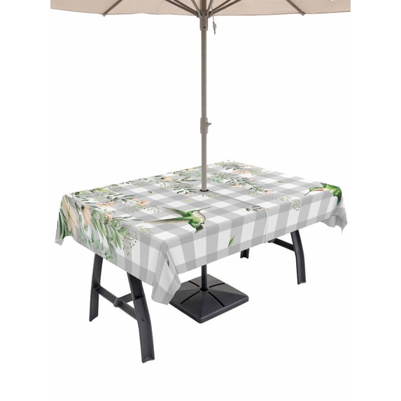 Outdoor Tablecloth with Umbrella Hole and Zipper, Watercolor Floral Rectangle Table Cloth 54x80 Inch Waterproof Tablecloth, Spring Flowers Birds Plants Gray Plaid Picnic Table Cover for Patio Camping