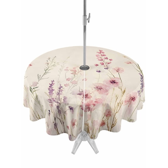 Outdoor Tablecloth with Umbrella Hole Zipper Watercolor Floral Round Tablecloth 54" Waterproof Outside Table Cloth Farmhouse Flowers Retro Patio Table Cover Tablecloths for Picnic Party