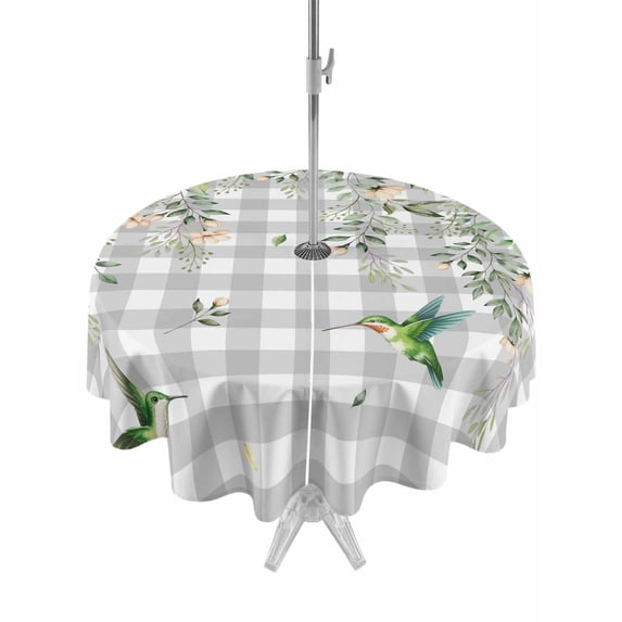 Outdoor Tablecloth with Umbrella Hole Zipper Watercolor Floral Round Tablecloth 60" Waterproof Outside Table Cloth Spring Flowers Birds Plants Gray Plaid Patio Table Cover Tablecloths for Picnic