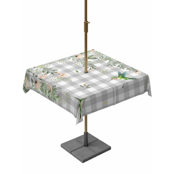 Outdoor Tablecloth with Umbrella Hole and Zipper, Watercolor Floral Square Table Cloth 60x60 Inch Waterproof Tablecloth, Spring Flowers Birds Plants Gray Plaid Picnic Table Cover for Patio Camping