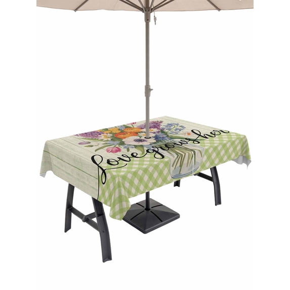 Outdoor Tablecloth with Umbrella Hole and Zipper, Watercolor Flowers Rectangle Table Cloth 60x120 Inch Waterproof Tablecloth, Spring Floral Sage Green Stripes Check Picnic Table Cover for Patio