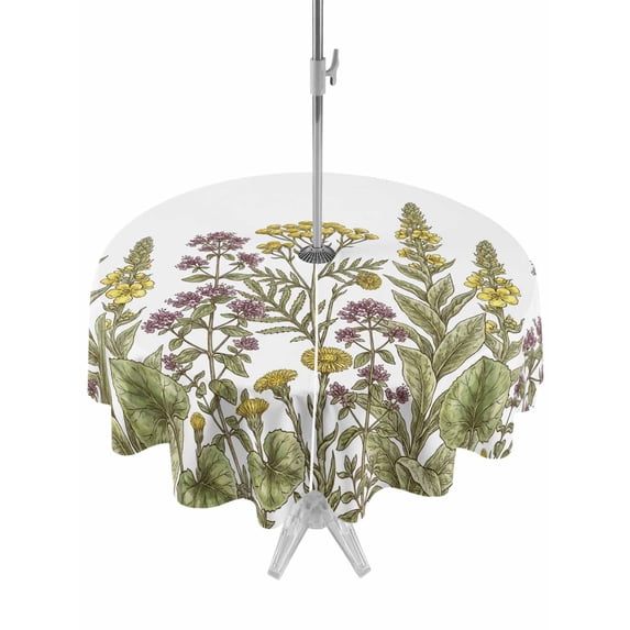 Outdoor Tablecloth with Umbrella Hole and Zipper, Watercolor Flowers Round Table Cloth 54 Inch Waterproof Tablecloth, Vintage Country Floral Leaves Spring Picnic Table Cover for Patio Camping