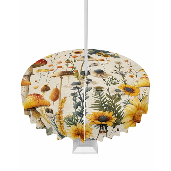 Outdoor Tablecloth with Umbrella Hole Zipper,Watercolor Mushroom Daisy Seamless Waterproof Zippered Table Cloth for Square Tables,Country Flower Retro Linen Patio Table Covers for Indoor Pinic Party