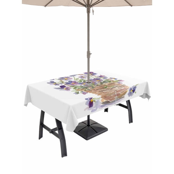 Outdoor Tablecloth with Umbrella Hole and Zipper, Watercolor Purple Floral Rectangle Table Cloth 60x120 Inch Waterproof Tablecloth, Spring Flower Basket Botanical Picnic Table Cover for Patio Camping