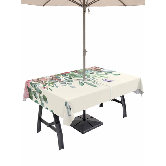 Outdoor Tablecloth with Umbrella Hole and Zipper, Watercolor Roses Rectangle Table Cloth 52x70 Inch Waterproof Tablecloth, Spring Flowers Leaves Butterflies Light Beige Picnic Table Cover for Patio