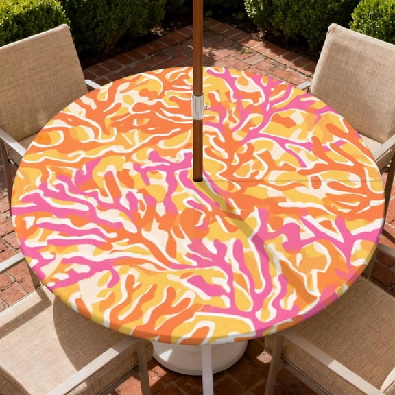 Outdoor Tablecloth with Umbrella Hole and Zipper Waterproof Round Fitted Tablecloth with Elastic Edge, Wipeable Outdoor Table Cover for Patio, Garden, Picnic Size 36"-65" Round Tables