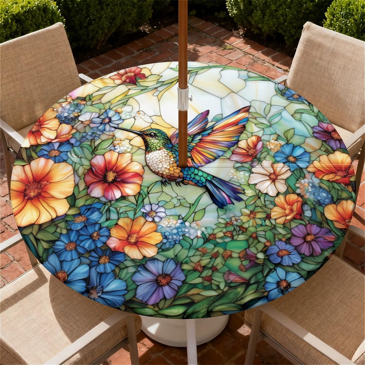 Outdoor Tablecloth with Umbrella Hole and Zipper Waterproof Round Fitted Tablecloth with Elastic Edge, Wipeable Outdoor Table Cover for Patio, Garden, Picnic Fits 36-65" Round Tables