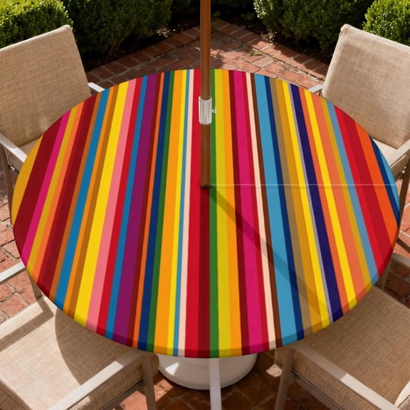 Outdoor Tablecloth with Umbrella Hole and Zipper Waterproof Round Fitted Tablecloth with Elastic Edge, Wipeable Outdoor Table Cover for Patio, Garden, Picnic Size 36"-65" Round Tables