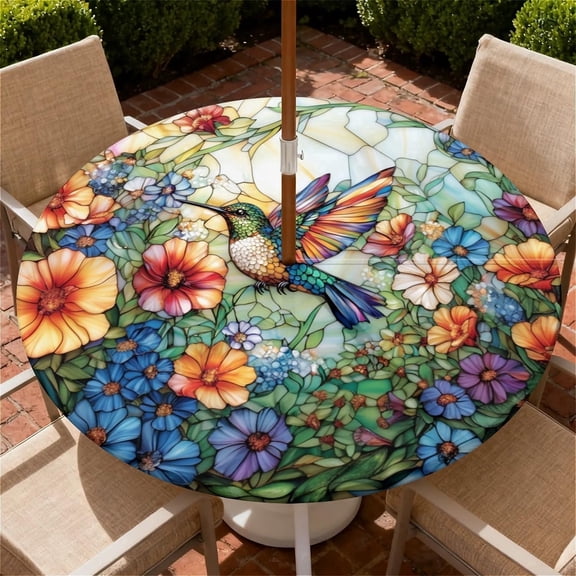 Outdoor Tablecloth with Umbrella Hole and Zipper Waterproof Round Fitted Tablecloth with Elastic Edge, Wipeable Outdoor Table Cover for Patio, Garden, Picnic For Size 36"-65" Round Tables