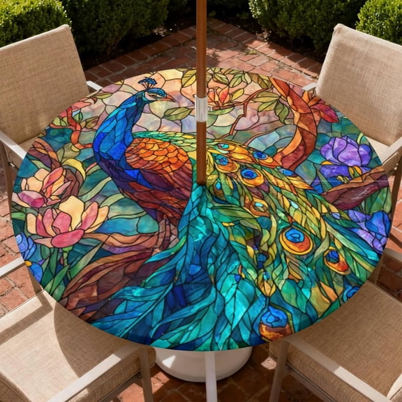 Outdoor Tablecloth with Umbrella Hole and Zipper Waterproof Round Fitted Tablecloth with Elastic Edge, Wipeable Outdoor Table Cover for Patio, Garden, Picnic Size 36"-65" Round Tables