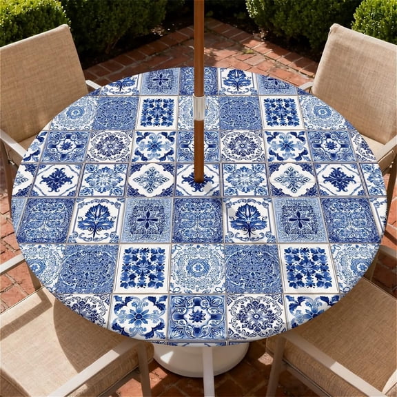 Outdoor Tablecloth with Umbrella Hole and Zipper Waterproof Round Fitted Tablecloth with Elastic Edge, Wipeable Outdoor Table Cover for Patio, Garden, Picnic Size 36"-65" Round Tables