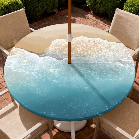 Outdoor Tablecloth with Umbrella Hole and Zipper Waterproof Round Fitted Tablecloth with Elastic Edge, Wipeable Outdoor Table Cover for Patio, Garden, Picnic Size 36"-65" Round Tables