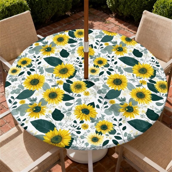 Outdoor Tablecloth with Umbrella Hole and Zipper Waterproof Round Fitted Tablecloth with Elastic Edge, Wipeable Outdoor Table Cover for Patio, Garden, Picnic Size 36"-65" Round Tables