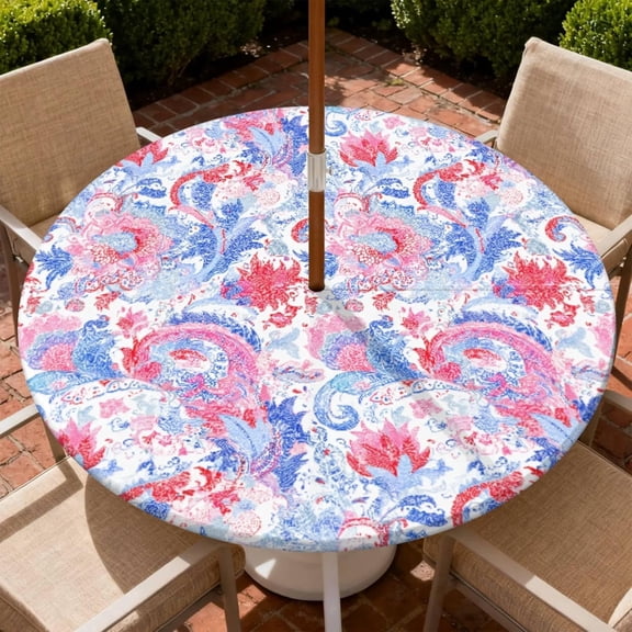 Outdoor Tablecloth with Umbrella Hole and Zipper Waterproof Round Fitted Tablecloth with Elastic Edge, Wipeable Outdoor Table Cover for Patio, Garden, Picnic Size 36"-65" Round Tables