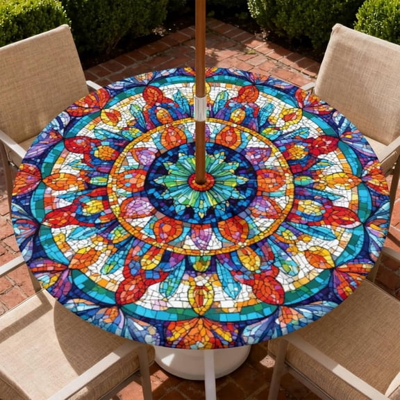 Outdoor Tablecloth with Umbrella Hole and Zipper Waterproof Round Fitted Tablecloth with Elastic Edge, Wipeable Outdoor Table Cover for Patio, Garden, Picnic Size 36"-65" Round Tables