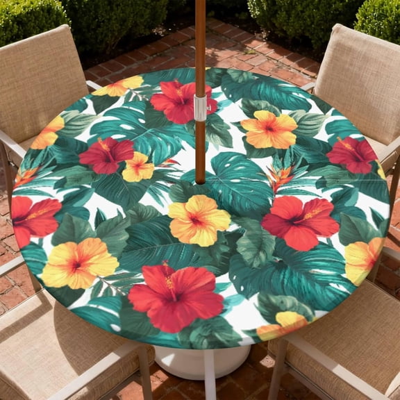 Outdoor Tablecloth with Umbrella Hole and Zipper Waterproof Round Fitted Tablecloth with Elastic Edge, Wipeable Outdoor Table Cover for Patio, Garden, Picnic Fits 36-65" Round Tables