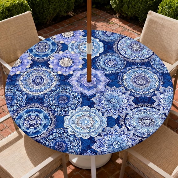 Outdoor Tablecloth with Umbrella Hole and Zipper Waterproof Round Fitted Tablecloth with Elastic Edge, Wipeable Outdoor Table Cover for Patio, Garden, Picnic Fits 49-52" Round Tables