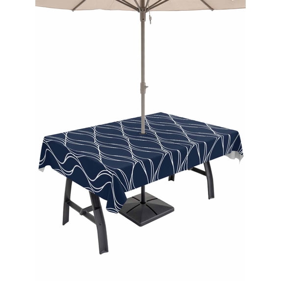 Outdoor Tablecloth with Umbrella Hole and Zipper, Wavy Lines Rectangle Table Cloth 54x80 Inch Waterproof Tablecloth, Abstract Minimalist Pattern Navy Blue Picnic Table Cover for Patio Camping