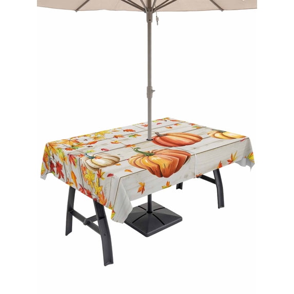 Outdoor Tablecloth with Umbrella Hole and Zipper, Weeping Pumpkin Fall Rectangle Table Cloth 60x102 Inch Waterproof Tablecloth, Thanksgiving Maple Leaves Wood Picnic Table Cover for Patio Camping