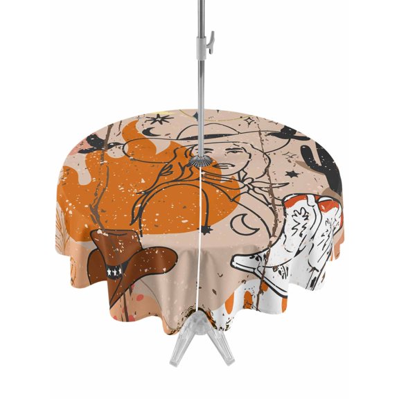 Outdoor Tablecloth with Umbrella Hole and Zipper, Western Cowboys Round Table Cloth 54 Inch Waterproof Tablecloth, Vintage Boho Abstract Cactus Beige Picnic Table Cover for Patio Camping