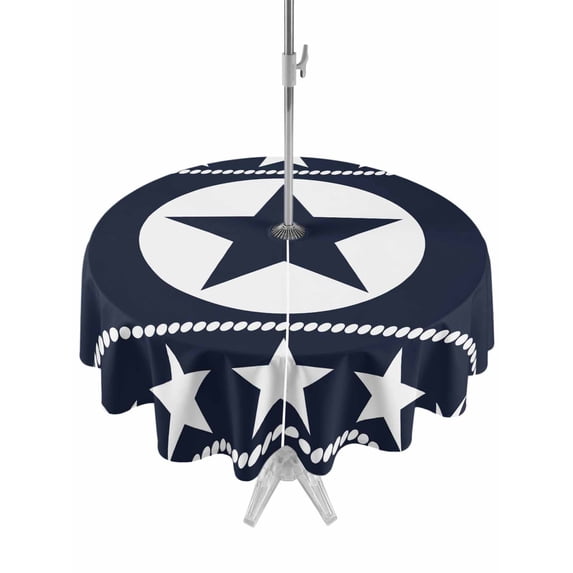 Outdoor Tablecloth with Umbrella Hole and Zipper, Western Star Ethnic Round Table Cloth 60 Inch Waterproof Tablecloth, Navy Blue Texas Ethnic Stars Vintage Picnic Table Cover for Patio Camping