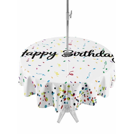 Outdoor Tablecloth with Umbrella Hole and Zipper, White Birthday Round Table Cloth 54 Inch Waterproof Tablecloth, Colorful Confetti Ribbons Polka Dots Classroom Picnic Table Cover for Patio Camping