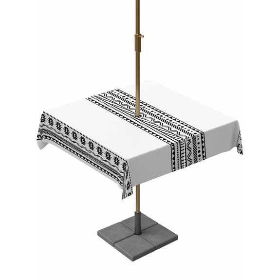 Outdoor Tablecloth with Umbrella Hole and Zipper, White Boho Square Table Cloth 60x60 Inch Waterproof Tablecloth, Farmhouse Simple Abstract Striped Geometric Picnic Table Cover for Patio Camping