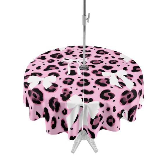 Outdoor Tablecloth with Umbrella Hole Zipper White Bow Pink Leopard Round Tablecloth 54" Waterproof Outside Table Cloth Boho Chic Modern Artwork Patio Table Cover Tablecloths for Picnic Party