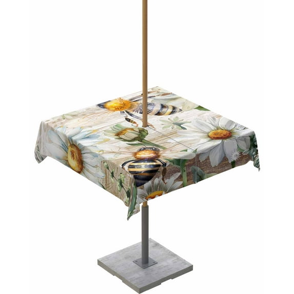 Outdoor Tablecloth with Umbrella Hole Zipper,White Daisy Bee Pastoral Botanical Waterproof Zippered Table Cloth for Rectangle Tables,Farm Retro Wood Grain Patio Table Covers for Indoor Pinic Party