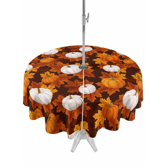 Outdoor Tablecloth with Umbrella Hole and Zipper, White Pumpkin Fall Round Table Cloth 54 Inch Waterproof Tablecloth, Thanksgiving Maple Leaves Autumn Picnic Table Cover for Patio Camping