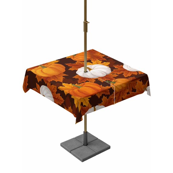 Outdoor Tablecloth with Umbrella Hole and Zipper, White Pumpkin Fall Square Table Cloth 54x54 Inch Waterproof Tablecloth, Thanksgiving Maple Leaves Farmhouse Picnic Table Cover for Patio Camping