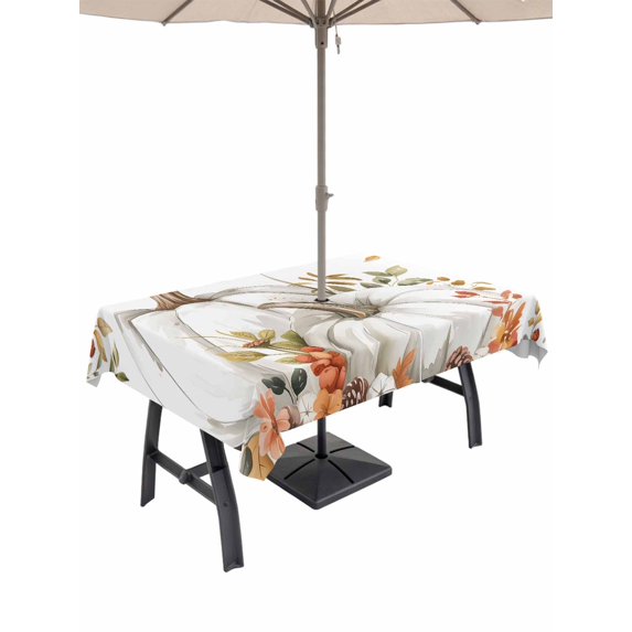 Outdoor Tablecloth with Umbrella Hole and Zipper, White Pumpkin Rectangle Table Cloth 60x120 Inch Waterproof Tablecloth, Thanksgiving Maple Leaf Autumn Flower Picnic Table Cover for Patio Camping