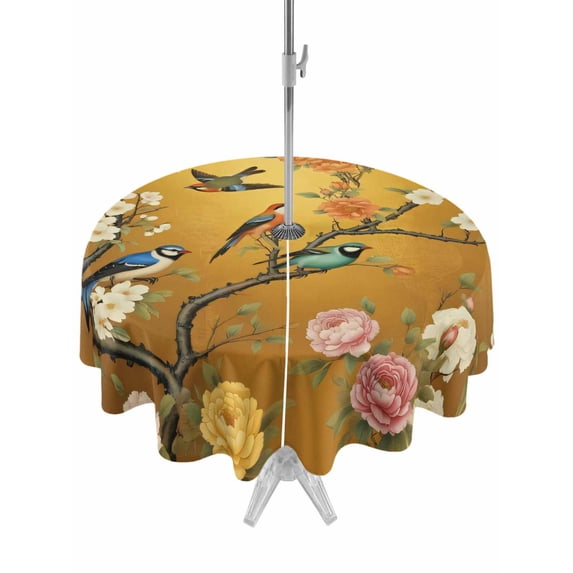 Outdoor Tablecloth with Umbrella Hole and Zipper, White Spring Floral Round Table Cloth 60 Inch Waterproof Tablecloth, Farmhouse Birds Flowers Branches Picnic Table Cover for Patio Camping